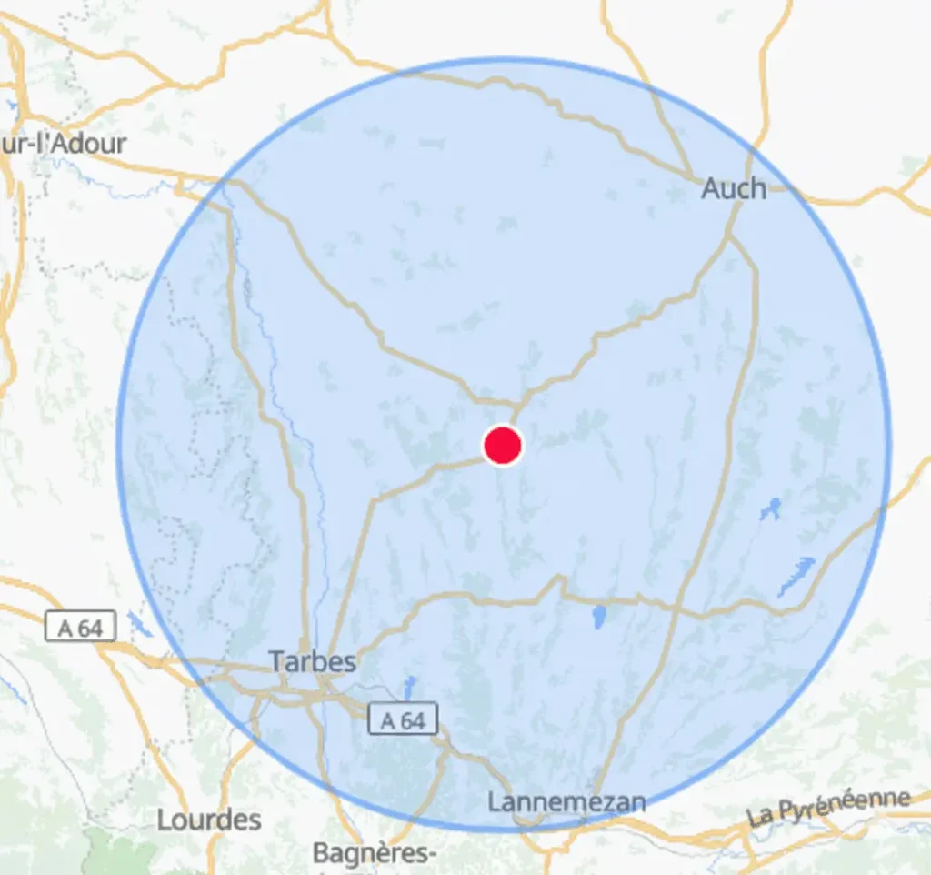 Carte de la zone d'intervention SIM32 : Dépannage informatique dans le Gers et Hautes-Pyrénées (Miélan, Auch, Tarbes, Lannemezan)