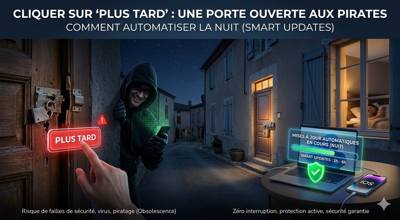 Mises à jour : Pourquoi cliquer sur « Plus tard » est un risque de sécurité majeur (et comment automatiser la nuit)